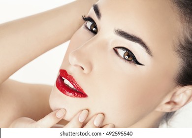 Woman Portrait With Red Lips And Black Eyeliner, Beauty Closeup