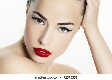 Woman Portrait With Red Lips And Black Eyeliner, Beauty Closeup