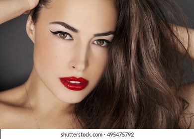 Woman Portrait With Red Lips And Black Eyeliner, Beauty Closeup