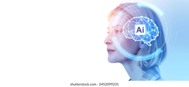 Woman portrait silhouette and glowing hologram with AI brain, empty copy space white background. Concept of virtual assistant, artificial intelligence and information processing