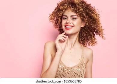 Woman Portrait Smiling Red Lips Curly Hair Model Fashion Clothes 