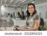 Woman portrait, tablet and accountant in office at night, email client and business contact for deadline. Female person, stock market exchange and online to monitor economy, trader plan and proposal