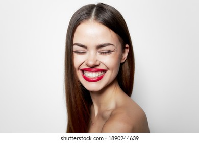 Woman Portrait Wide Smile Closed Eyes Bare Shoulders Body Care 