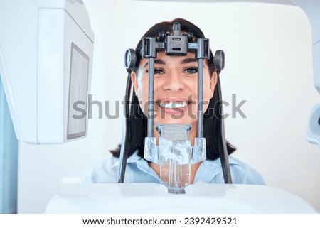Woman, portrait and xray machine at dentist for dental appointment, mouth checkup or cleaning at clinic. Happy female person or patient smile in teeth scan for surgery, oral and gum care at hospital