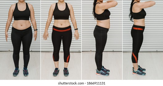 Woman Posing Before And After Weight Loss Diet. Diet Weight Loss Transformation