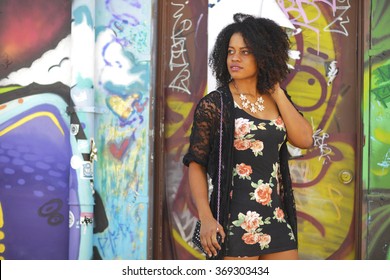 Woman Posing By Graffiti At Wynwood Miami