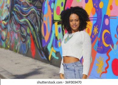 Woman Posing By Graffiti At Wynwood Miami