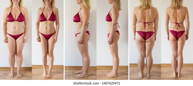 Woman posing at home before and after weight loss diet