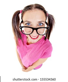 Woman Posing In Studio Using Fisheye Lens