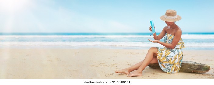 Woman Pouring Applying Sunblock Cream Lotion On Beach For Broad Spectrum UVA, UVB Sun Protection