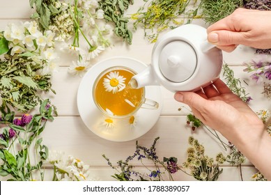 Woman pouring chamomile herbal tea on white wooden background