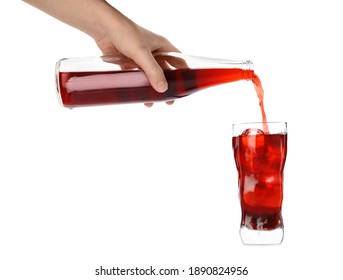 Woman Pouring Grape Soda Water Into Glass On White Background, Closeup. Refreshing Drink