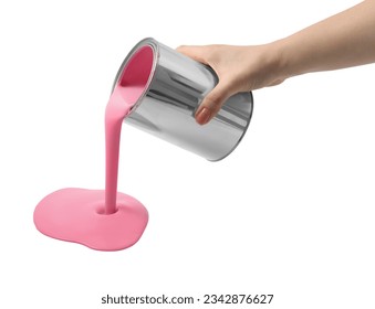 Woman pouring pink paint from can on white background, closeup
