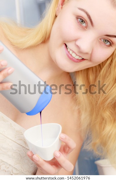 Woman Pouring Purple Hair Dye Shampoo Stock Photo Edit Now