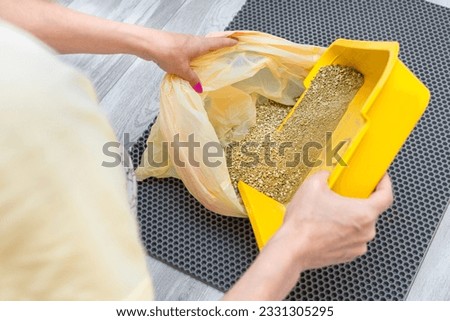 woman pouring used cat litter into trash bag. woman changing cat litter. cat litter cleaning. High quality photo