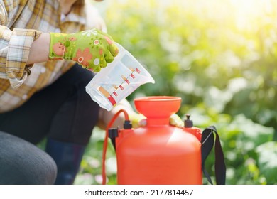 Woman pours liquid mineral fertilizer. Cultivation and caring. Organic fertilizers. Hand with fertilizers  in agriculture farm. - Shutterstock ID 2177814457