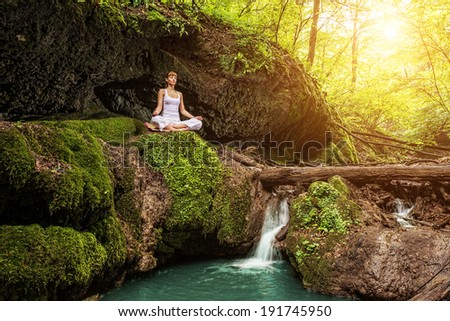 Woman Practices Yoga Nature Waterfall Sukhasana Stock Photo (Edit Now ...