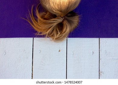 Woman Practicing Outdoors On Violet Yoga Mat. Overhead Close Up Of Female Hands In Mudra On White Wooden Background