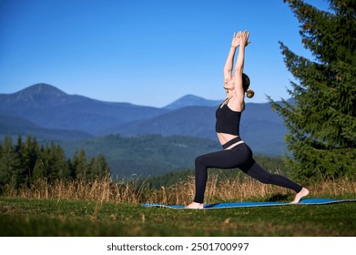 Woman practicing yoga outdoors in the mountains in a serene, natural setting. Female performing yoga pose on mat, with backdrop of beautiful mountain landscape at sunrise or sunset. - Powered by Shutterstock