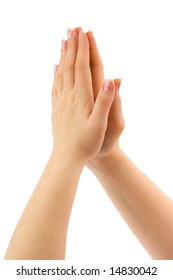 Woman Praying Hands Isolated On White Background