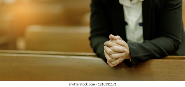 Woman Praying In Morning, Hands Folded In Prayer
