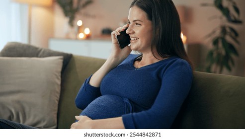 Woman, pregnant and phone call on sofa in home for talking, relax and communication with news. Female person, pregnancy and mobile conversation in lounge for chat, advice and planning baby shower - Powered by Shutterstock