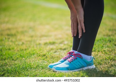 Woman Preparing Before Run Putting On Running Shoes