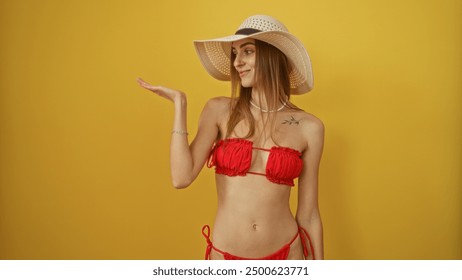 Woman presenting isolated over yellow background wearing red bikini and sunhat with hand outstretched - Powered by Shutterstock