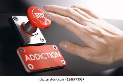 Woman Pressing A Panic Button With Stop Sign To Overcome Addiction Or Dependence Problems. Psychology Concept.