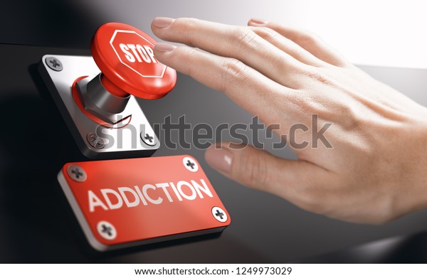 Woman pressing a\
panic button with stop sign to overcome addiction or dependence\
problems. Psychology\
concept.