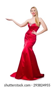 Woman In Pretty Red Evening Dress Isolated On White