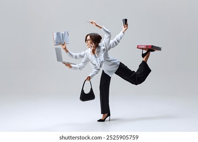 Woman in professional attire with multiple arms, managing laptop, phone, documents, and coffee. Master of multitasking. Concept of business, multitasking, female power, corporate life, productivity - Powered by Shutterstock