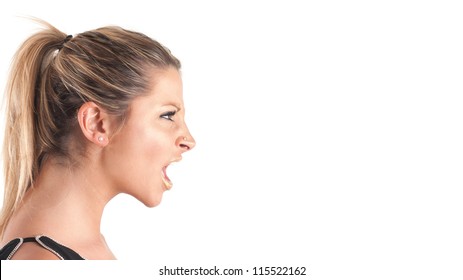 Woman Profile Shouting Against White Background.