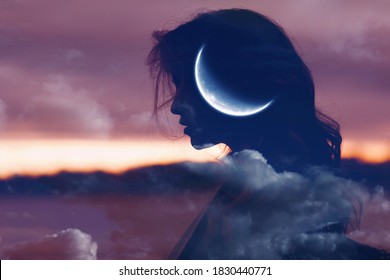 Retrato de silueta de perfil de mujer con luna en la cabeza