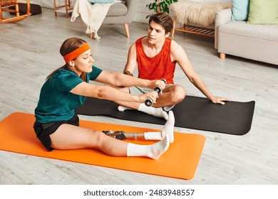 Woman with prosthetic leg exercises with boyfriend using dumbbells on a yoga mat. - Powered by Shutterstock