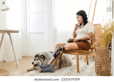 Woman with prosthetic leg sitting in chair in living room at home. Relaxed, happy woman at home living room sitting on the chair, reading a book - Powered by Shutterstock