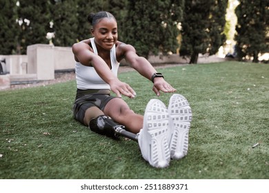 Woman with prosthetic leg stretching - Powered by Shutterstock