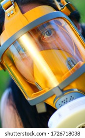 Woman In Protection Mask On A Meadows. Allergy And Infection Control Concept. Hayfever Or Covid-19 Hazard.