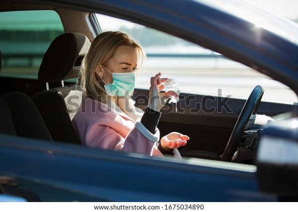 Woman Protective Mask Sitting Car On Stock Photo (Edit Now) 1675034890