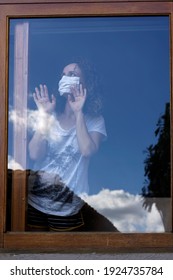 Woman With Protective Mask Window Reflection	     