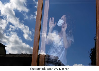 Woman With Protective Mask Window Reflection	     