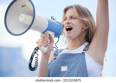 Woman Protest Leader, Megaphone In Hand And Speech Support For Human Rights, Freedom And Ending Racism. Angry Female, Leadership And Communication For Gender Equality, Lgbtq Issues And Global Justice