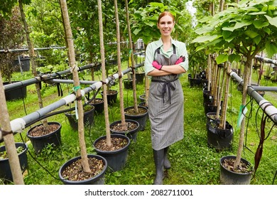 Woman As A Proud Gardener In The Nursery Between Trees With An Irrigation System