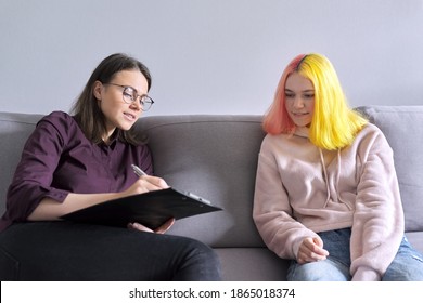 Woman Psychologist Working With Teen Girl. Visit And Counseling Of Professional Mental And Social Therapist. Psychology, Teenager, Problem, Trauma, Mental Health Of Adolescents Concept