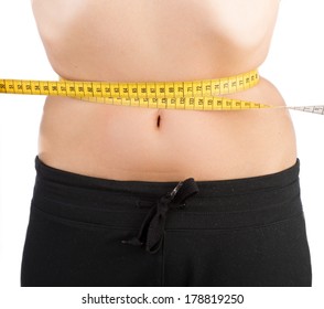 woman pulling on tape measure around her waist to get as slim as possible. Extreme diet concept