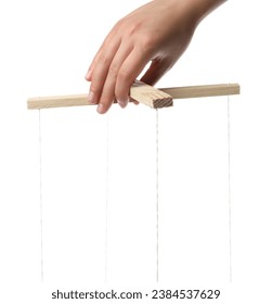 Woman pulling strings of puppet on white background, closeup