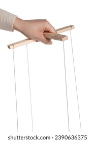 Woman pulling strings of puppet on white background, closeup