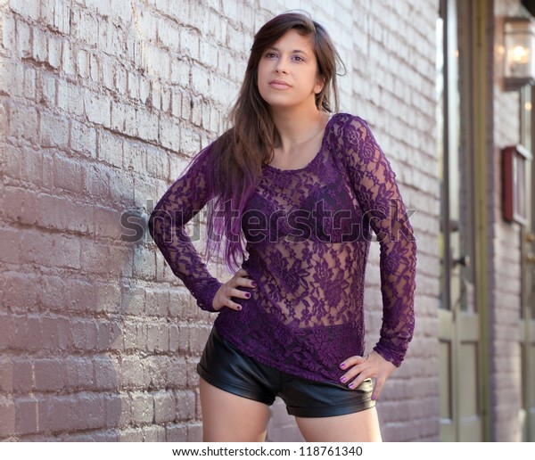 Woman Purple Dip Dye Hair Downtown Stock Photo Edit Now 118761340
