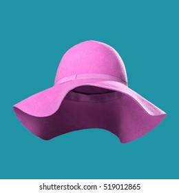 Woman Purple Felt Hat Isolated On Blue Background