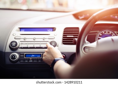 Woman Push Turn On Music Radio In Car